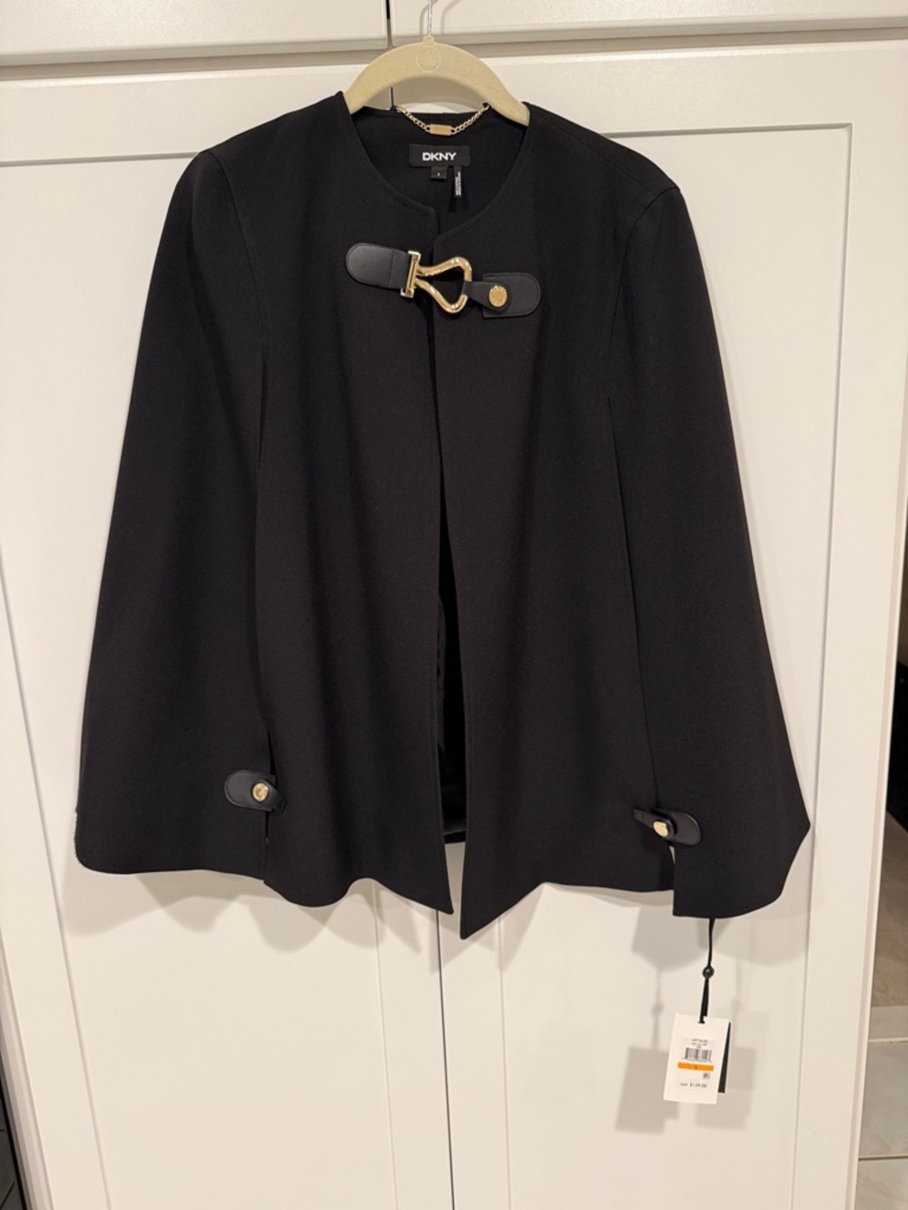 DKNY Black Cape Jacket with Gold-Tone Buckle